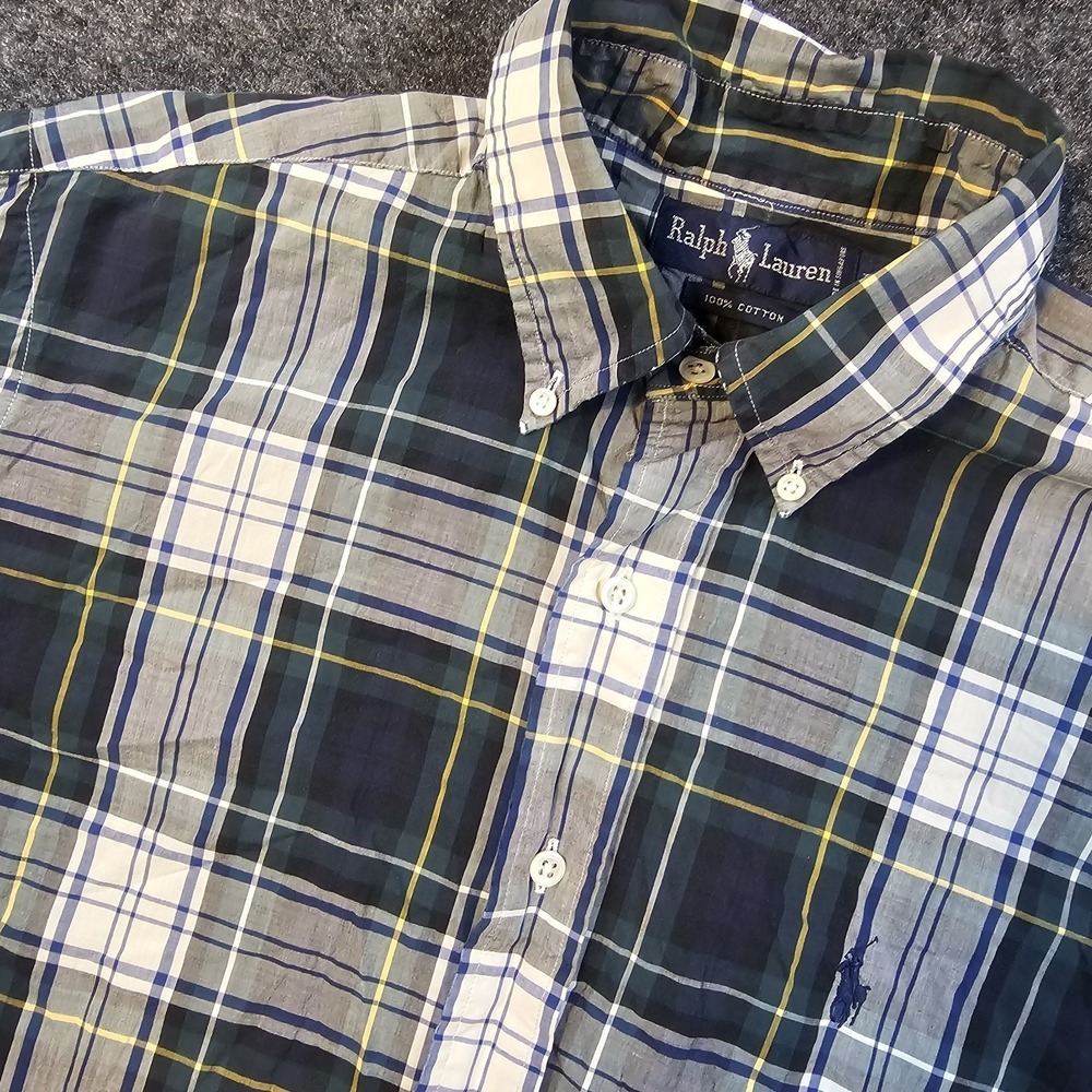 Ralph Lauren Mens Large Plaid Button Down Shirt Cotton Green Distressed Cuff